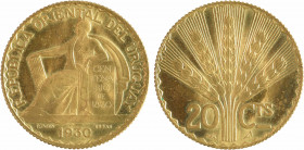 Uruguay, essai de 20 centimes (centesimos), par Turin, 1930 Paris
A/. (date)
La République assise à gauche, tenant un faisceau et un écu inscrit CEN...