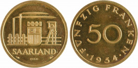 Allemagne, Sarre, essai de 50 francs, 1954 Paris
A/SAARLAND
Scène industrielle, au-dessous (différent) ESSAI (différent)
R/FÜNFZIG FRANKEN// (date)...