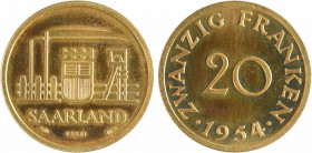 Allemagne, Sarre, essai de 20 francs, 1954 Paris
A/SAARLAND
Scène industrielle, au-dessous (différent) ESSAI (différent)
R/ZWANZIG FRANKEN// (date)...