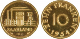 Allemagne, Sarre, essai de 10 francs, 1954 Paris
A/SAARLAND
Scène industrielle, au-dessous (différent) ESSAI (différent)
R/ZEHN FRANKEN// (date)
A...