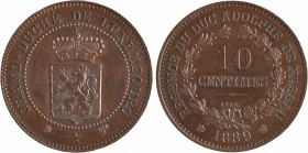 Luxembourg (Grand-Duché), régence du Duc Adolphe de Nassau, essai de 10 centimes, 1889 Bruxelles
A/GRAND - DUCHÉ DE LUXEMBOURG
Dans un grènetis, arm...