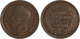 Monaco, Honoré V, essai de cinq centimes par Rogat, 1838
A/HONORE V PRINCE - DE MONACO
Tête nue à gauche du Prince, signature E. ROGAT
Couronne de ...