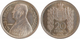 Monaco, Louis II, essai de 20 francs, 1945 Paris
A/LOUIS II PRINCE - DE MONACO
Buste à gauche du prince Louis II ; à gauche signature P. TURIN
Arme...