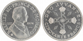 Monaco, Rainier III, essai de 50 francs en argent, 1974 Paris
A/RAINIER. III. PRINCE. DE. MONACO
Buste du Prince à droite, portant le grand collier ...