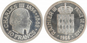 Monaco, Rainier III, essai de 10 francs Charles III, 1966 Paris
A/CHARLES III 1856 - 1889// .10 FRANCS.
Tête à droite, au-dessous signature DELANNOY...