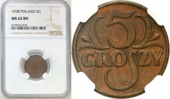 Poland II Republic
POLSKA / POLAND / POLEN / POLOGNE / POLSKO

II RP 5 groszy (groschen) 1938 NGC MS62 BN 

PiD�kna, brD�zowa patyna.Parchimowicz...