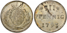 Germany
Germany, Saxony. Frderic Augustus III (1763-1806). 3 Pfennig 1793 C, Dresden 

PoE�ysk, mennicza wada blachy.Kahnt 1137; Buck 187

Detail...
