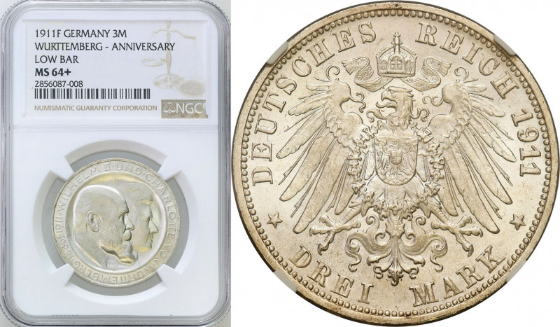 Germany
Germany, Wrttemberg. 3 brand 1911 F, Stuttgart NGC MS64 + 

Wybite na...