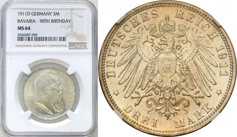 Germany
Germany, Bavaria. 3 mark 1911 D, Munich NGC MS64 

Moneta wybita na 9...