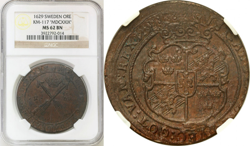Sweden
Sweden, Gustav II Adolf (1611-1632). 1 ?re 1629, Nykoping NGC MS62 (MAX)...