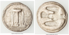 BRUTTIUM. Croton. Ca. 500-480 BC. AR stater (25mm, 7.54 gm, 9h). Choice Fine, tooling. ϘPO-TON, ornamented sacrificial tripod, legs terminating in leo...