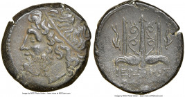 SICILY. Syracuse. Hieron II (ca. 275-215 BC). AE litra (19mm, 11h). NGC Choice VF. Head of Poseidon left, wearing taenia / ΙΕΡΩ-ΝΟΣ/Θ-Φ, trident head,...
