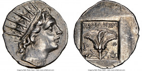 CARIAN ISLANDS. Rhodes. Ca. 88-84 BC. AR drachm (16mm, 11h). NGC Choice AU. Plinthophoric standard, Euphanes, magistrate. Radiate head of Helios right...