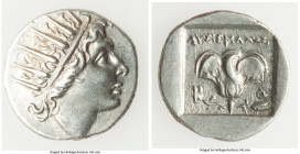 CARIAN ISLANDS. Rhodes. Ca. 88-84 BC. AR drachm (15mm, 2.05 gm, 12h). XF. Plinthophoric standard, Lysimachus, magistrate. Radiate head of Helios right...