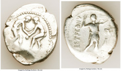 PAMPHYLIA. Aspendus. Ca. 325-250 BC. AR stater (28mm, 9.46 gm, 1h). About Fine. Two wrestlers grappling; KE (inverted) between / ΕΣΤFΕΔΙΥ, slinger sta...