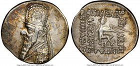 PARTHIAN KINGDOM. Mithradates II (ca. 121-91 BC). AR drachm (20mm, 12h). NGC Choice XF, brushed. Rhagae, ca. 96/5-93/2 BC. Bust left, wearing tiara wi...