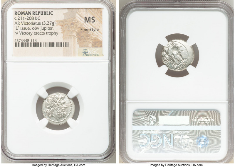 Anonymous. Ca. 211-208 BC. AR victoriatus (17mm, 3.27 gm, 5h). NGC MS, Fine Styl...