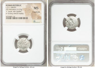 Anonymous. Ca. 211-208 BC. AR victoriatus (17mm, 3.27 gm, 5h). NGC MS, Fine Style. Luceria. Laureate head of Jupiter right, bead-and-reel border / Vic...
