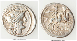 C. Terentius Lucanus (147 BC). AR denarius (20mm, 3.45 gm, 3h). VF, edge filing. Rome. Helmeted head of Roma right; behind, Victory above X (mark of v...