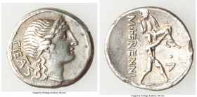 M. Herennius (ca. 108-107 BC). AR denarius (19mm, 3.36 gm, 11h). Choice VF, crystalized, edge chip, ex-jewelry. PIETAS (TA ligate), head of Pietas rig...