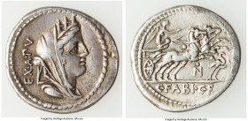 C. Fabius C. f. Hadrianus (102 BC). AR denarius (22mm, 3.85 gm, 6h). Choice Fine, edge filing. Rome. EX•A•PV, turreted, veiled and draped bust of Cybe...
