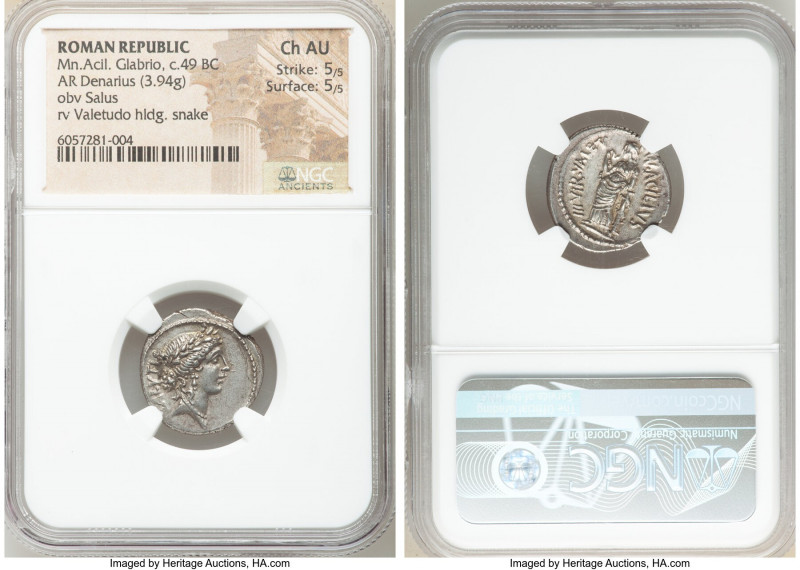 Mn. Acilius Glabrio (ca. 49 BC). AR denarius (20mm, 3.94 gm, 7h). NGC Choice AU ...