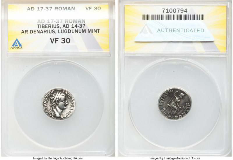 Tiberius (AD 14-37). AR denarius (17mm, 1h). ANACS VF 30. Lugdunum, ca. AD 15-18...