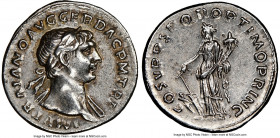 Trajan (AD 98-117). AR denarius (19mm, 7h). NGC XF. Rome, AD 107-108. IMP TRAIANO AVG GER DAC P M TR P, laureate bust of Trajan right, drapery on left...