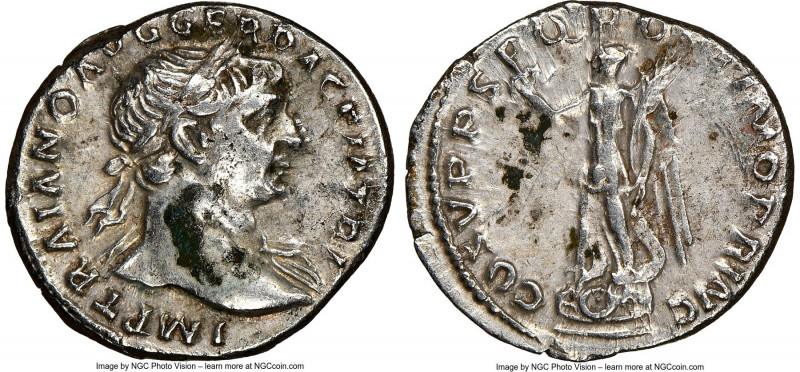 Trajan (AD 98-117). AR denarius (19mm, 7h). NGC Choice VF. Rome, ca. AD 103-111....