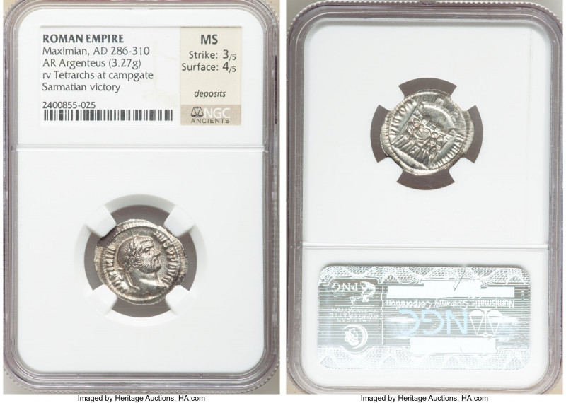 Galerius, as Caesar (AD 305-311). AR argenteus (20mm, 3.27 gm, 7h). NGC MS 3/5 -...