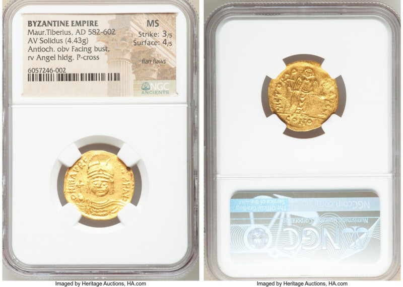 Maurice Tiberius (AD 582-602). AV solidus (21mm, 4.43 gm, 7h). NGC MS 3/5 - 4/5,...