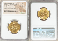 Romanus III Argyrus (AD 1028-1034). AV histamenon nomisma (24mm, 4.38 gm, 6h). NGC XF 4/5 - 2/5. Constantinople. +IhS XIS RЄX-RЄϚNANTInm, Christ enthr...