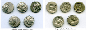 ANCIENT LOTS. Greek. Carian Islands. Rhodes. Ca. 88-84 BC. Lot of five (5) AR drachms. VF-XF. Includes: (5) Plinthophoric standard, AR drachms. Variou...