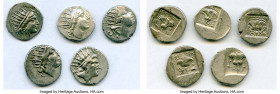 ANCIENT LOTS. Greek. Carian Islands. Rhodes. Ca. 88-84 BC. Lot of five (5) AR drachms. VF-XF. Includes: (5) Plinthophoric standard, AR drachms. Variou...