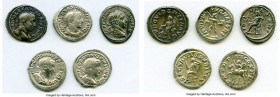 ANCIENT LOTS. Roman Imperial. Lot of five (5) AR denarii. VF- About XF. Includes: Five Roman Imperial denarii, various emperors with different types. ...