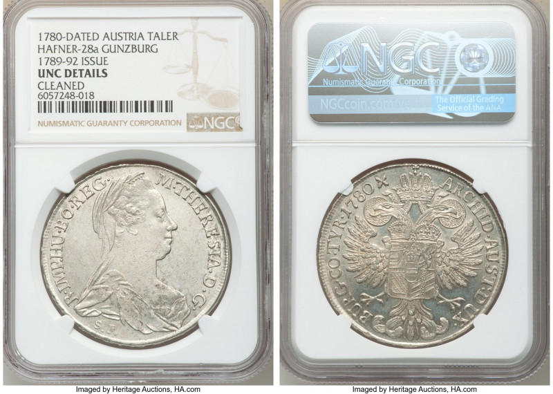 Maria Theresa Taler 1780-Dated (1789-1792) UNC Details (Cleaned) NGC, Gunzburg m...