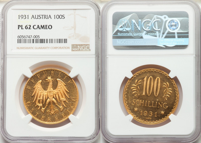 Republic gold Prooflike 100 Schilling 1931 PL62 Cameo NGC, Vienna mint, KM2842, ...