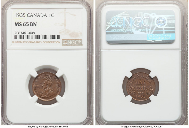 George V Cent 1935 MS65 Brown NGC, Royal Canadian mint, KM28. Glossy brown surfa...