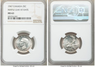 George VI "Maple Leaf" 25 Cents 1947 MS63 NGC, Royal Canadian mint, KM35. Variety with maple leaf after date. 

HID09801242017

© 2020 Heritage Au...