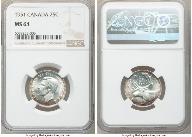 George VI 25 Cents 1951 MS64 NGC, Royal Canadian mint, KM44. Peripheral cranberr...