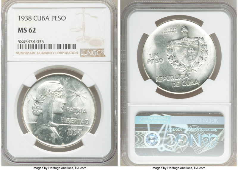 Republic "ABC" Peso 1938 MS62 NGC, Philadelphia mint, KM22. Gleaming mint luster...