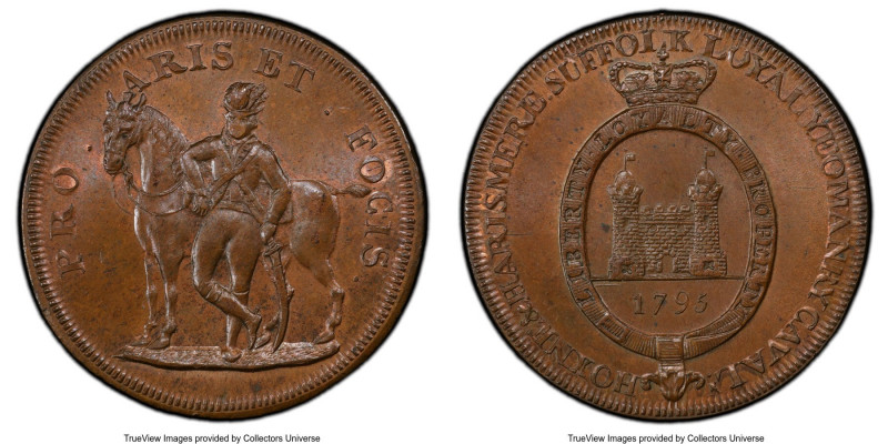 Suffolk. Hoxne copper Penny Token 1795 MS65 Brown PCGS, D&H-6a. PRO. ARIS ET. FO...