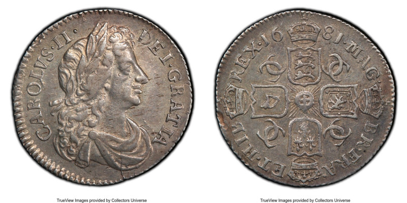 Charles II 6 Pence 1681 AU Details (Cleaned) PCGS, KM441, S-3382. 

HID0980124...