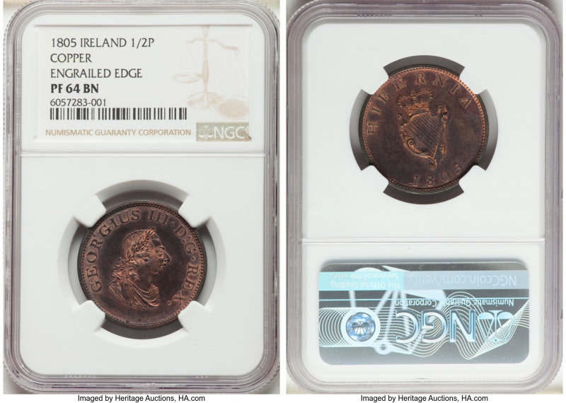 George III copper Proof 1/2 Penny 1805 PR64 Brown NGC, KM147.1. With engrailed e...