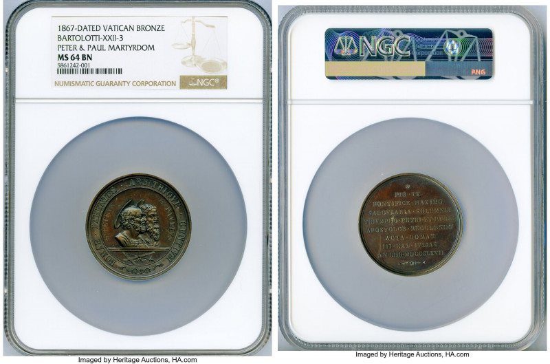 Papal States. Pius IX bronze "Peter & Paul Martyrdom" Medal 1867-Dated MS64 Brow...