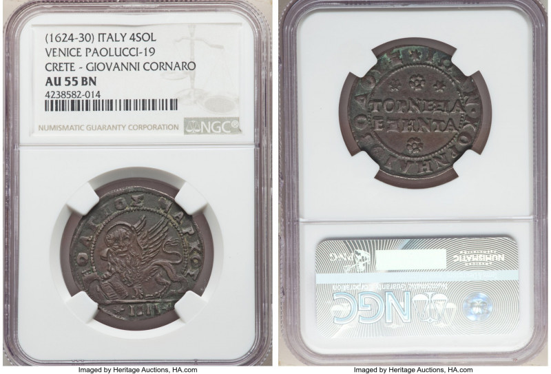Venice. Giovanni Cornaro 4 Soldi ND (1624-1630) AU55 Brown NGC, KM125, Paolucci-...