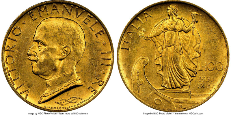 Vittorio Emanuele III gold 100 Lire 1931-R MS63 NGC, Rome mint, KM72. AGW 0.2546...