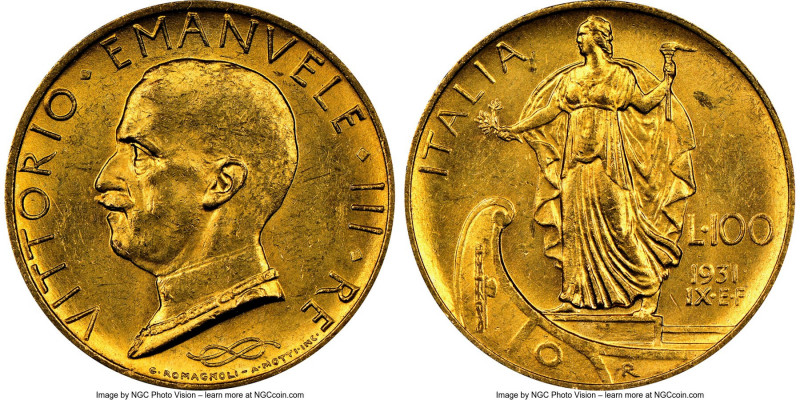 Vittorio Emanuele III gold 100 Lire 1931-R MS62 NGC, Rome mint, KM72. AGW 0.2546...