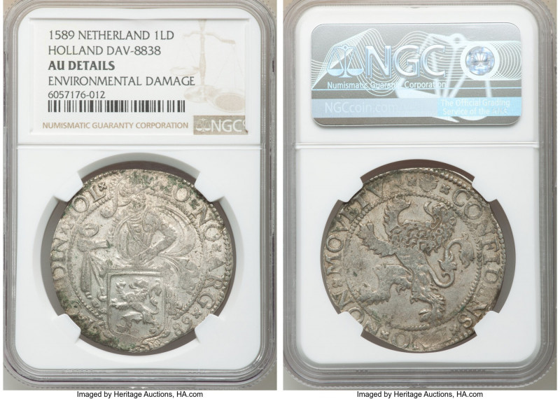 Holland. Provincial Lion Daalder 1589 AU Details (Environmental Damage) NGC, Dav...