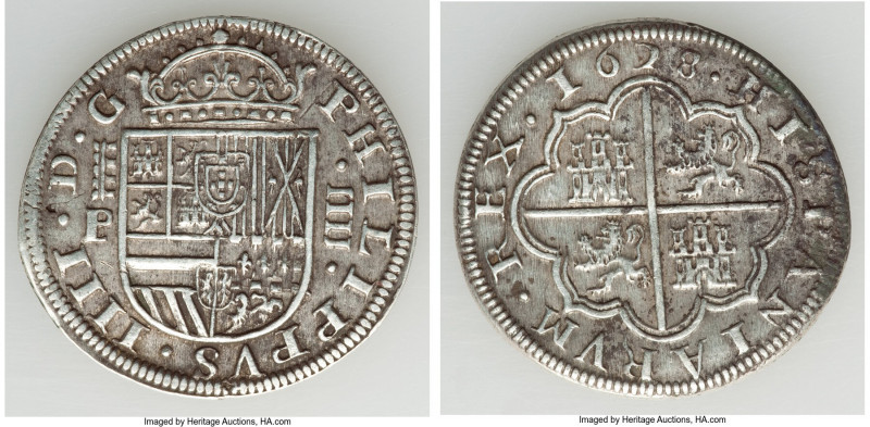 Philip IV 4 Reales 1628 (Aqueduct)-P XF (Corrosion), Segovia mint, KM98. 34.5mm....